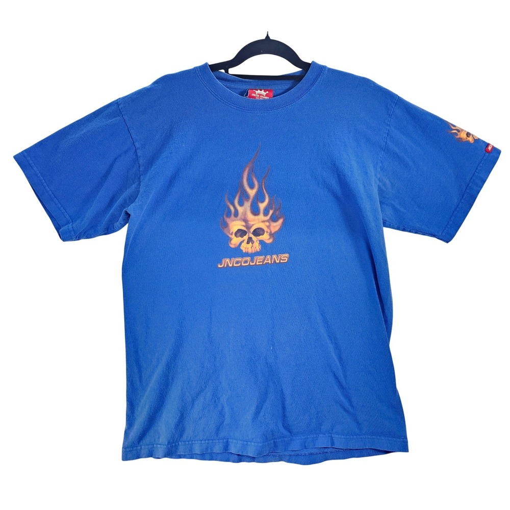 JNCO JEANS Skull Flames Graphic‎ T Shirt Blue Large Made in USA Vintage Y2K
